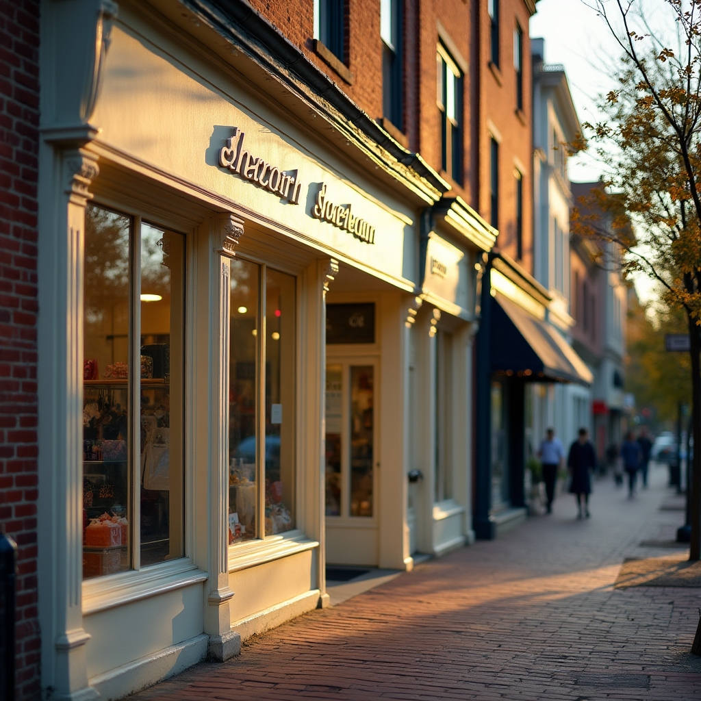 A well-lit brick-and-mortar retail storefront on a city street with a visible address sign