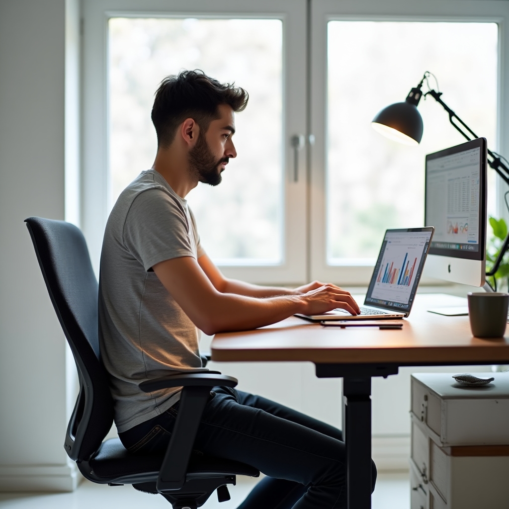 A young professional working independently at a modern desk with a laptop, reviewing local marketing data